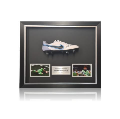 Alisson Becker Hand Signed White/Blue Nike TIEMPO Football Boot In Deluxe Classic Dome Frame