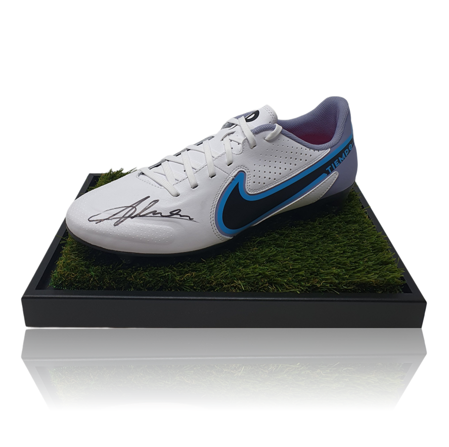 Alisson Becker Hand Signed White/Blue Nike TIEMPO Football Boot In Deluxe Acrylic Display Case