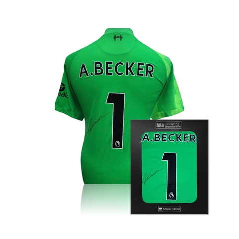 Alisson Becker Hand Signed Liverpool Green Keeper Shirt in AAA Gift Box