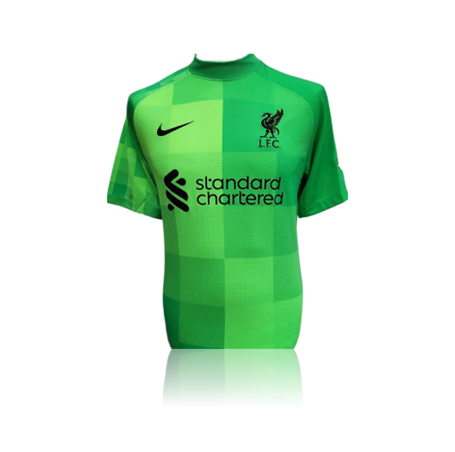 Alisson Becker Hand Signed Liverpool Green Keeper Shirt in AAA Gift Box