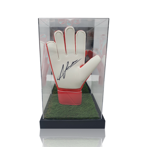 Alisson Becker Hand Signed Orange/Green Nike Match Goalkeepers Glove In Deluxe Acrylic Display Case