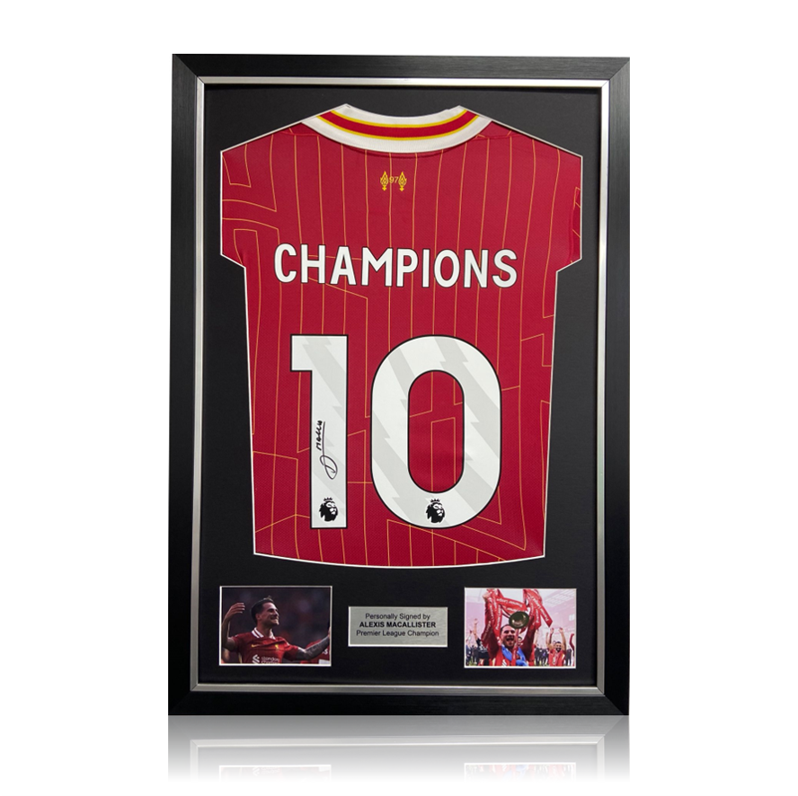 Alexis MacAllister Hand Signed Liverpool 2024-25 'CHAMPIONS' Home Shirt In Deluxe Classic Frame