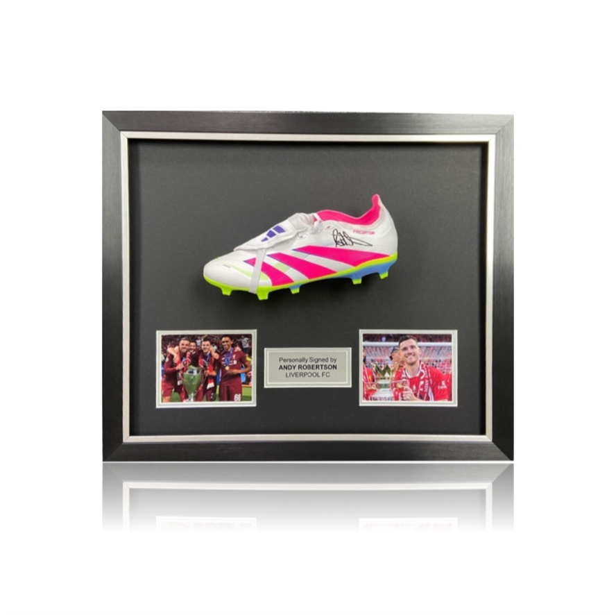 Andy Robertson Hand Signed WHITE Adidas Football Boot In Deluxe Classic Dome Frame