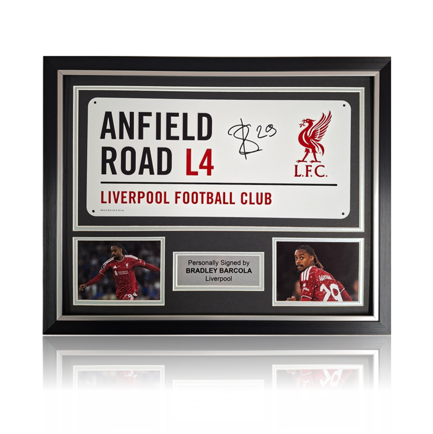 Bradley Barcola Hand Signed Anfield Road Sign In Deluxe Classic Frame