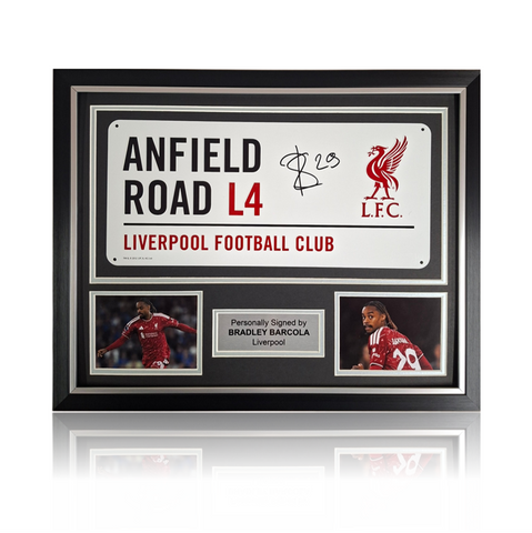 Bradley Barcola Hand Signed Anfield Road Sign In Deluxe Classic Frame