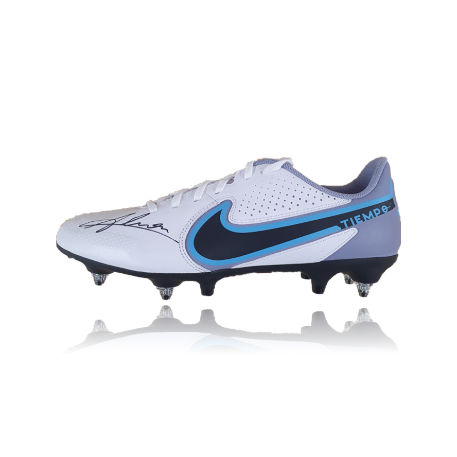 Alisson Becker Hand Signed White/Blue Nike TIEMPO Football Boot In Deluxe Classic Dome Frame