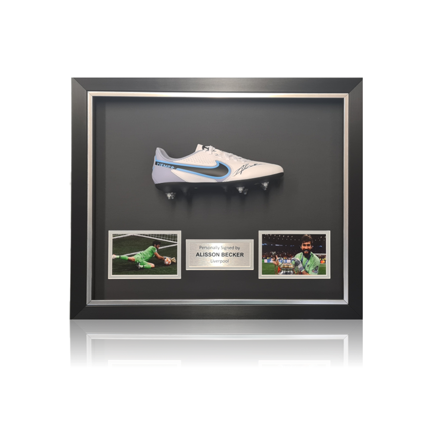 Alisson Becker Hand Signed White/Blue Nike TIEMPO Football Boot In Deluxe Classic Dome Frame