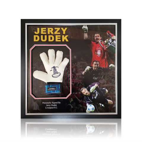 Jerzy Dudek Hand Signed Blue/White Goalkeepers Glove In Deluxe Montage Framing