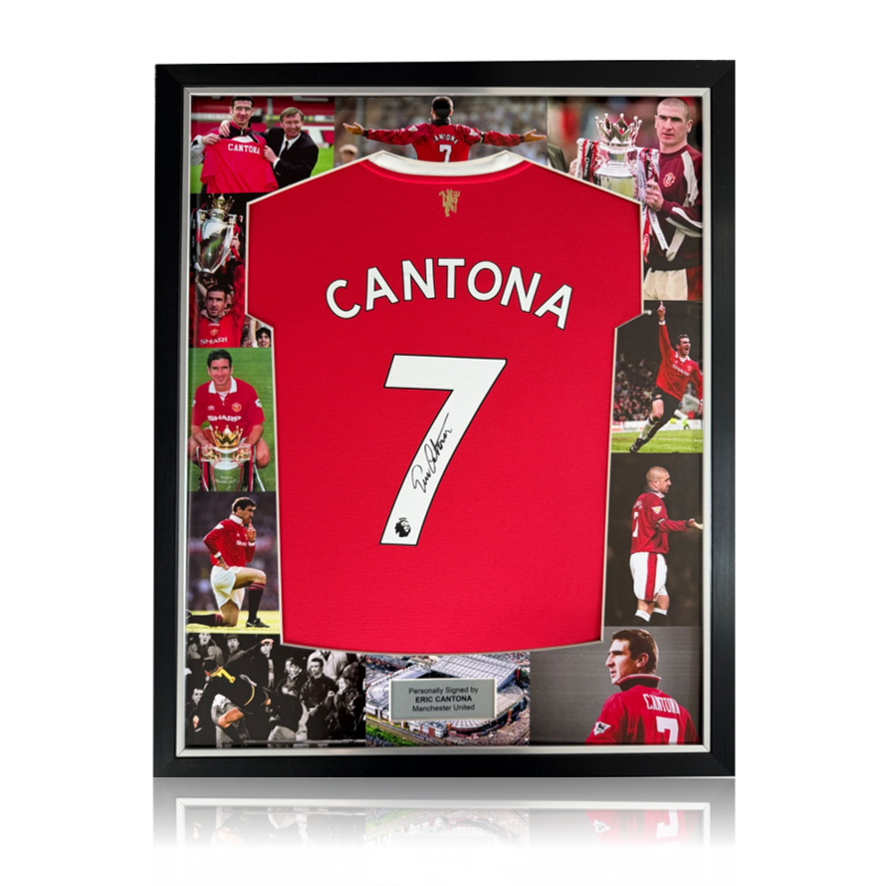 Eric Cantona Hand Signed Manchester United Home Shirt in Deluxe MONTAGE Frame
