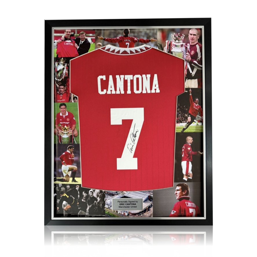 Eric Cantona Hand Signed Manchester United Home Shirt in Deluxe MONTAGE Frame