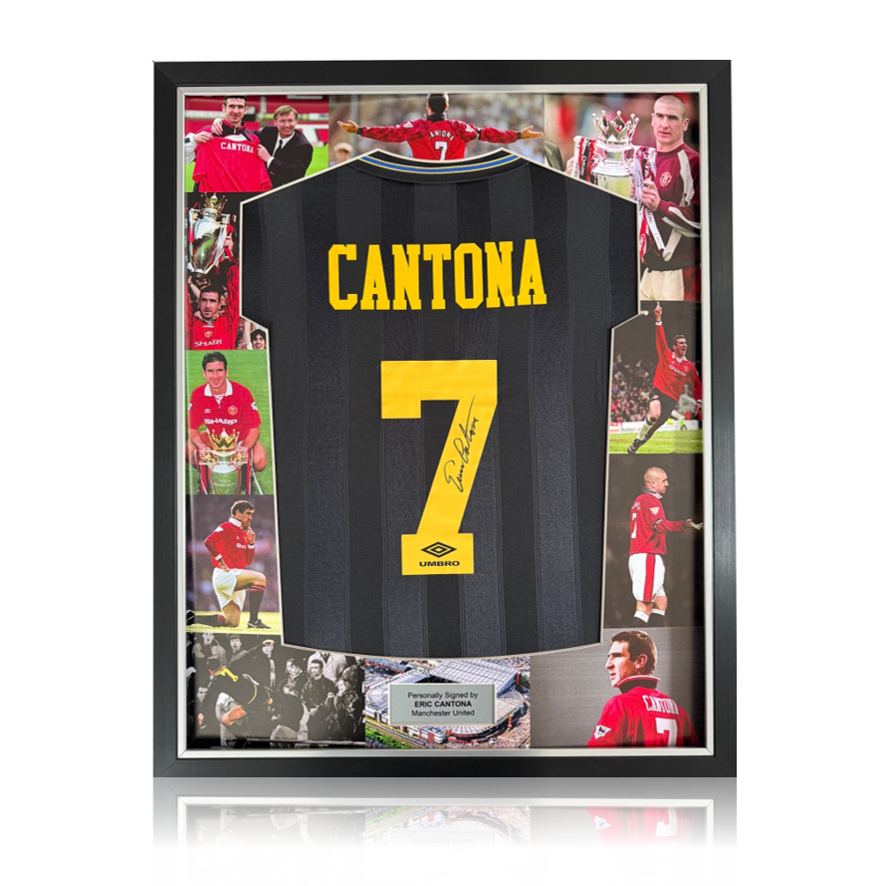 Eric Cantona Hand Signed Manchester United 1993/95 Away Shirt in Deluxe MONTAGE Frame