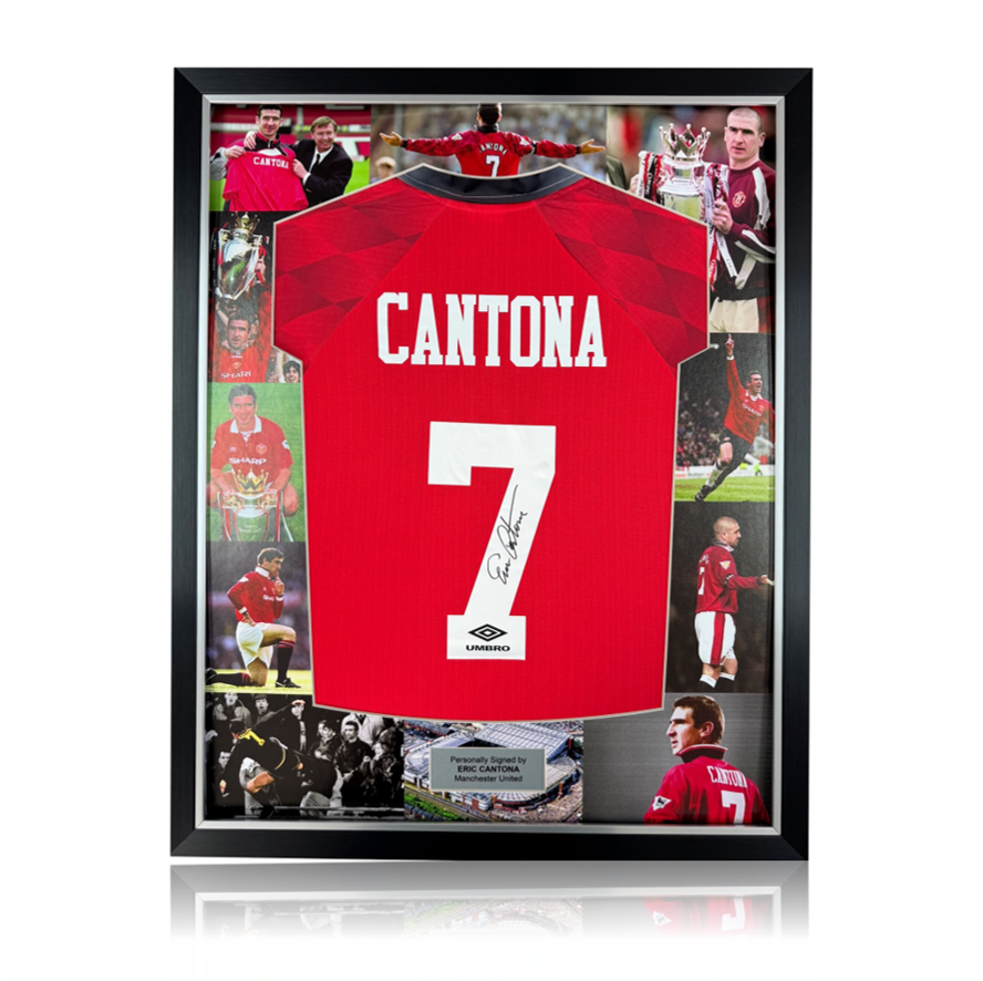 Eric Cantona Hand Signed Manchester United 1996/98 Home Shirt in Deluxe MONTAGE Frame