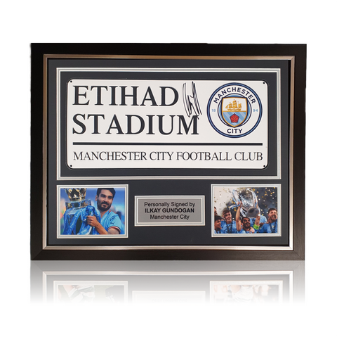 Ilkay Gundogan Hand Signed 'Etihad Stadium' Sign In Deluxe Classic Frame