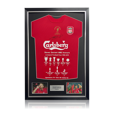 Steven Gerrard Hand Signed Liverpool 2005 ISTANBUL Shirt + Career STATS in Deluxe Classic Frame