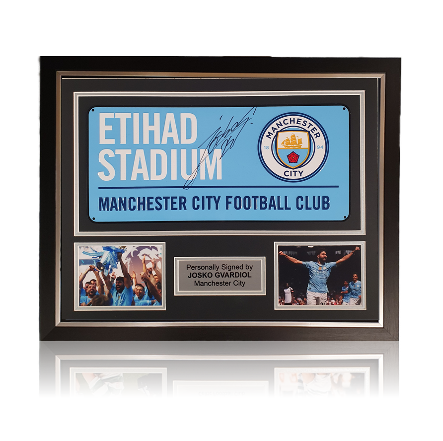 Josko Gvardiol Hand Signed 'Etihad Stadium' Sign In Deluxe Classic Frame
