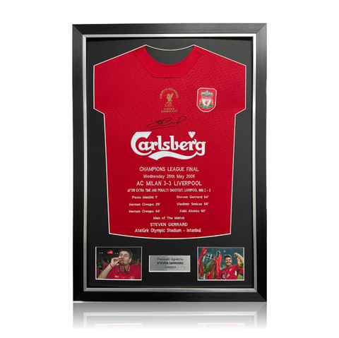 Steven Gerrard Hand Signed Liverpool 2005 ISTANBUL Shirt + Match STATS in Deluxe Classic Frame
