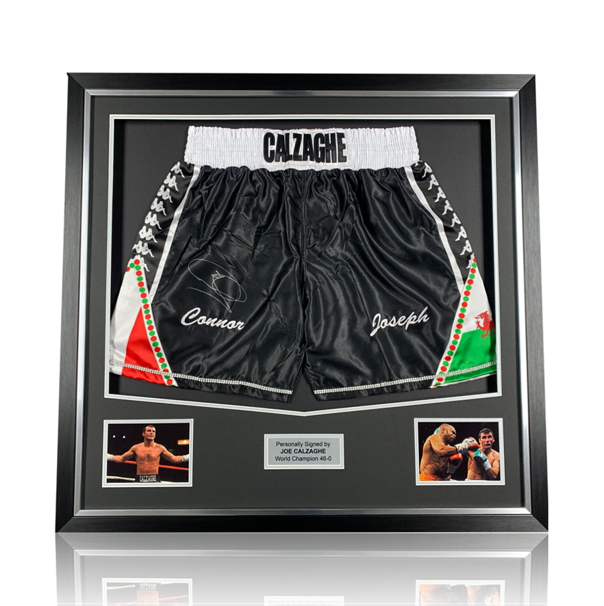 Joe Calzaghe Hand Signed ' Roy Jones Jr' Fight Replica Boxing Shorts In Deluxe Frame