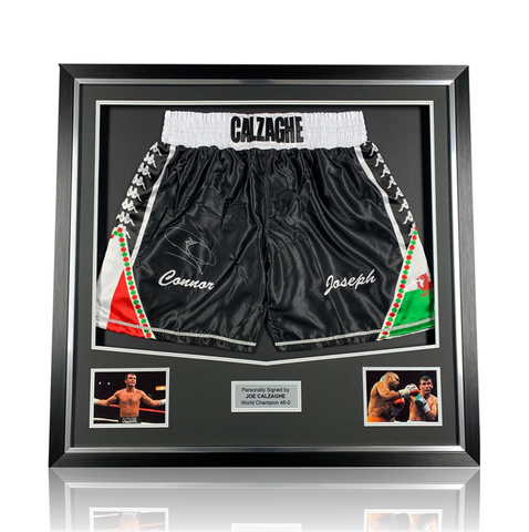 Joe Calzaghe Hand Signed ' Roy Jones Jr' Fight Replica Boxing Shorts In Deluxe Frame