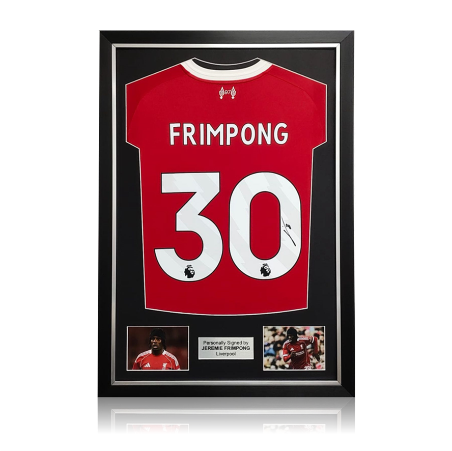 Jeremie Frimpong Hand Signed Liverpool 2025-26 Home Shirt in Deluxe Classic Frame