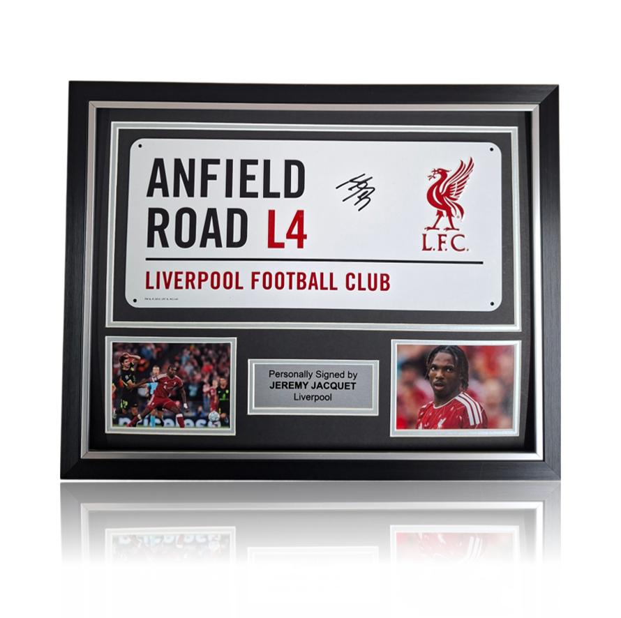 Jeremy Jacquet Hand Signed Anfield Road Sign In Deluxe Classic Frame