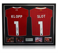 Jurgen Klopp/Arne Slot Hand Signed DUAL Liverpool #1 Home ShirtS In Deluxe Classic Frame