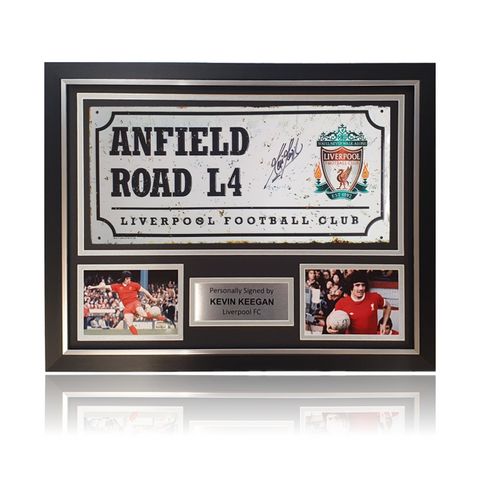 Kevin Keegan Hand Signed ANTIQUE 'Anfield Road' Metal Plaques In Deluxe Classic Frame