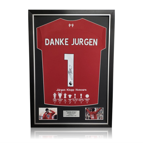 Jurgen Klopp LIMITED EDITION Hand Signed 23-24 Liverpool 'DANKE JURGEN' Home Shirt with EMBROIDERD Honours in Deluxe Classic Frame
