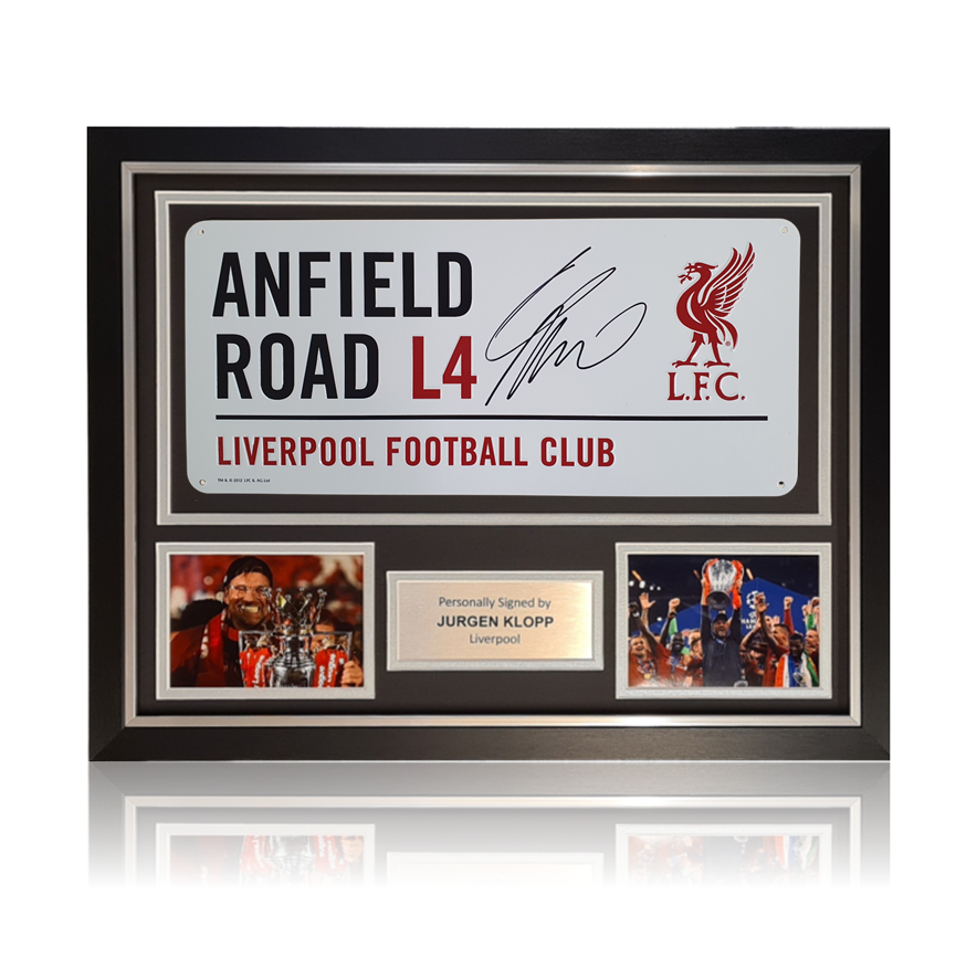 Anfield Frame Jurgen Klopp Hand Signed Anfield Road Sign In Deluxe Classic Frame ...