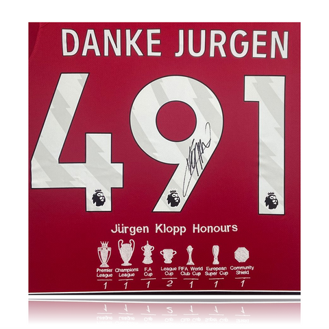 Jurgen Klopp LIMITED EDITION Hand Signed 23-24 Liverpool DANKE JURGEN '491' Home Shirt with EMBROIDERD Honours in Deluxe Classic Frame