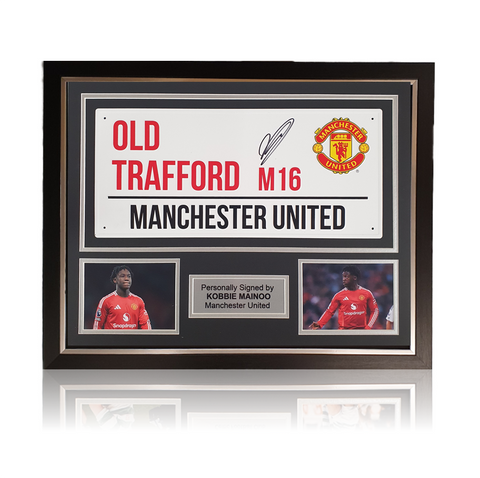 Kobbie Mainoo Hand Signed 'OLD TRAFFORD' Sign In Deluxe Classic Frame