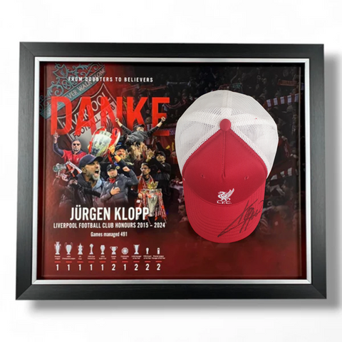 Jurgen Klopp Hand Signed RED/WHITE Liverpool FC Cap & Honours in Deluxe Classic Dome Frame