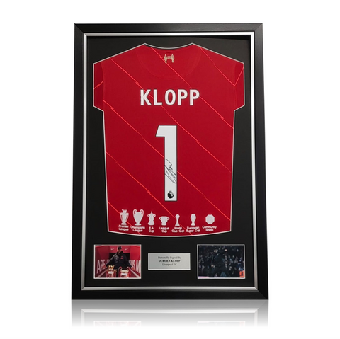 Jurgen Klopp Hand Signed Liverpool Home Shirt with EMBROIDERD Honours in Deluxe Classic Frame