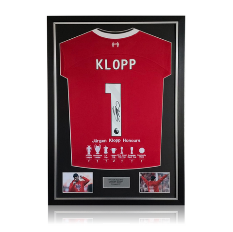 Jurgen Klopp Hand Signed 23-24 Liverpool Home Shirt with EMBROIDERD Honours in Deluxe Classic Frame