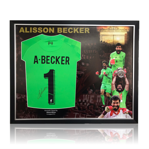 Alisson Becker Hand Signed Liverpool Goalkeepers Shirt In Deluxe MONTAGE Frame
