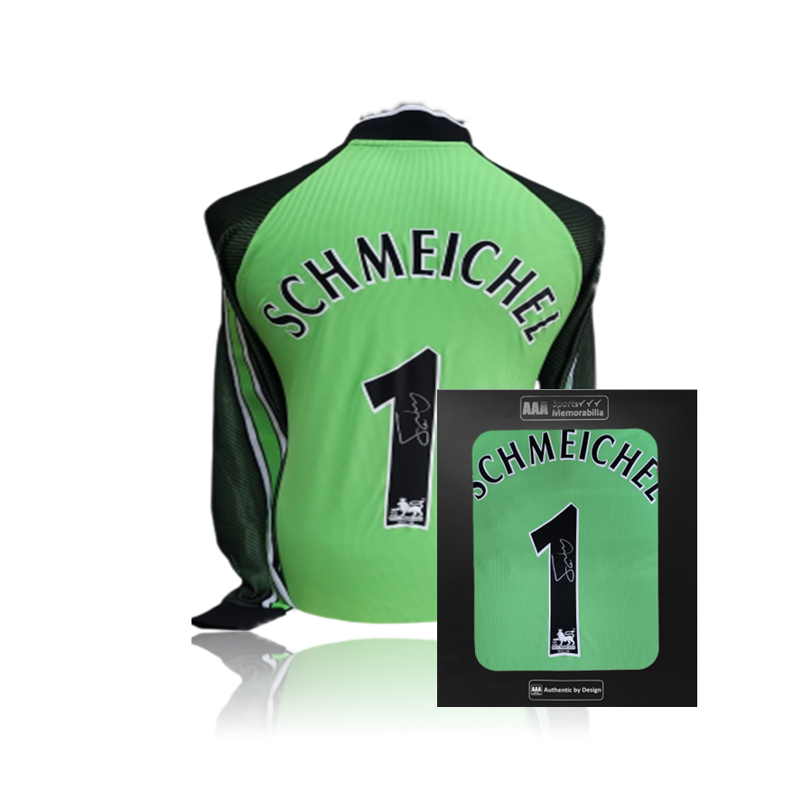 Peter Schmeichel Hand Signed Manchester United 1999 Replica Shirt in AAA Gift Box