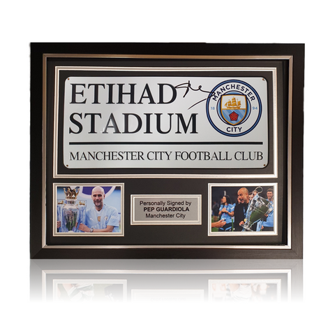 Pep Guardiola Hand Signed 'Etihad Stadium' Sign In Deluxe Classic Frame