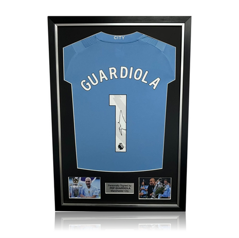 Pep Guardiola Hand Signed Manchester City 2023-24 Home Shirt in Deluxe Classic Frame