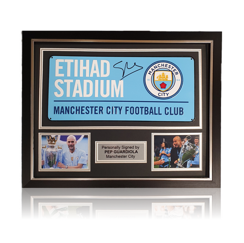 Pep Guardiola Hand Signed 'Etihad Stadium' Sign In Deluxe Classic Frame