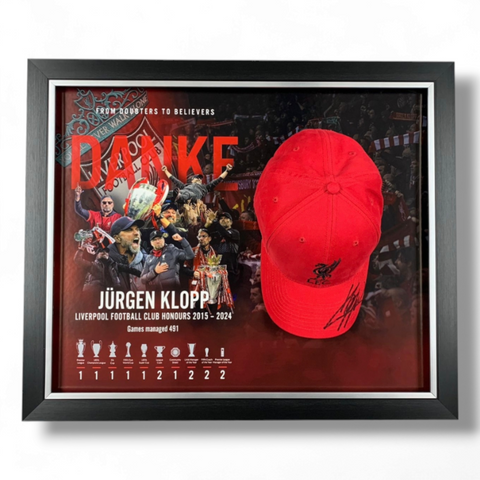 Jurgen Klopp Hand Signed RED Liverpool FC Cap & Honours in Deluxe Classic Dome Frame