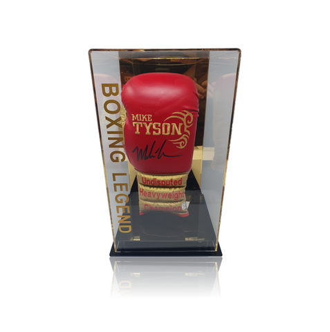 Mike Tyson Hand Signed Red/Gold ‘Trademark Tattoo’ Boxing Glove in Deluxe Acrylic Display Case