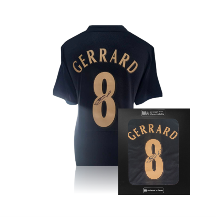 Steven Gerrard Hand Signed Liverpool 2005 Black/Gold #8 Shirt in AAA Gift Box