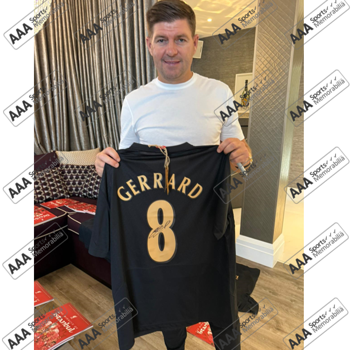 Steven Gerrard Hand Signed Liverpool 2005 #8 Black/Gold Shirt in Deluxe Classic Frame