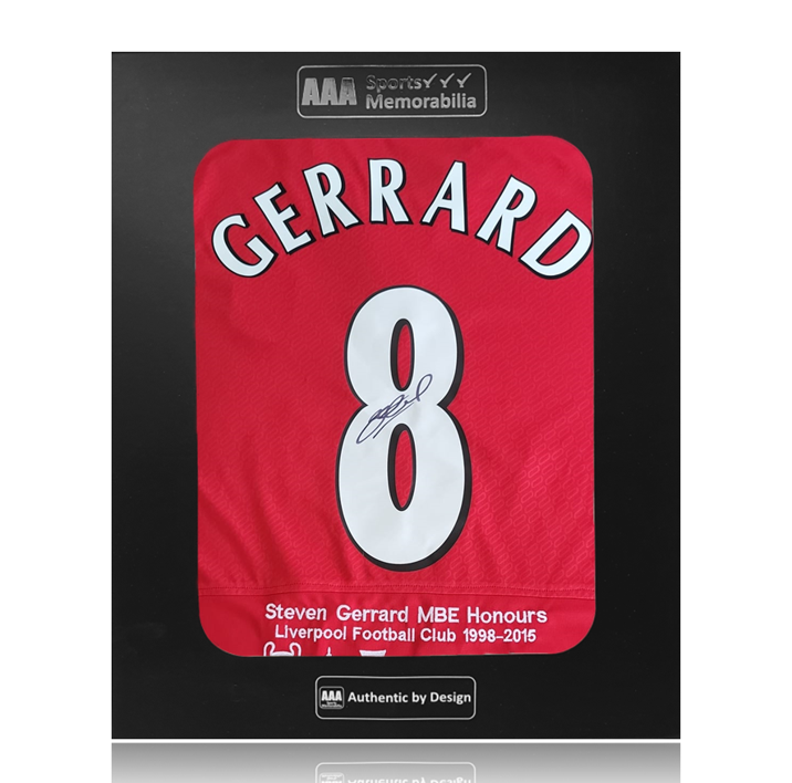 Steven Gerrard Hand Signed Liverpool 2005 ISTANBUL #8 Career Stats Shirt in AAA Gift Box