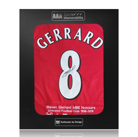 Steven Gerrard Hand Signed Liverpool 2005 ISTANBUL #8 Career Stats Shirt in AAA Gift Box