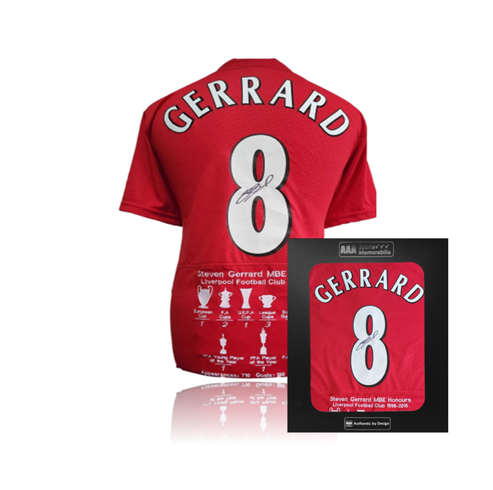 Steven Gerrard Hand Signed Liverpool 2005 ISTANBUL #8 Career Stats Shirt in AAA Gift Box