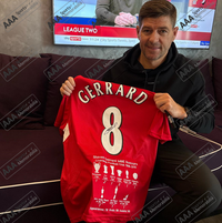 Steven Gerrard Hand Signed Liverpool 2005 ISTANBUL #8 Career Stats Shirt in AAA Gift Box
