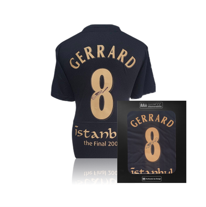 Steven Gerrard Hand Signed Liverpool 2005 Black/Gold 'Istanbul' #8 Shirt in AAA Gift Box