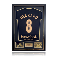 Steven Gerrard Hand Signed Liverpool 2005 #8 Black/Gold 'Istanbul' Shirt in Deluxe Classic Frame