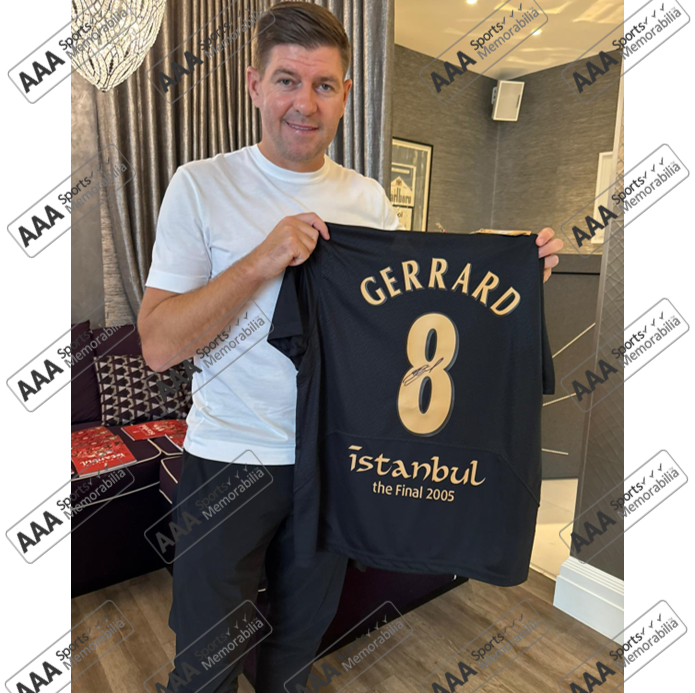 Steven Gerrard Hand Signed Liverpool 2005 #8 Black/Gold 'Istanbul' Shirt in Deluxe Classic Frame