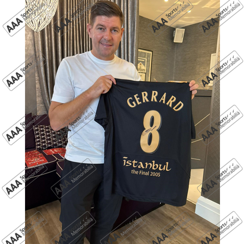 Steven Gerrard Hand Signed Liverpool 2005 #8 Black/Gold 'Istanbul' Shirt in Deluxe Classic Frame